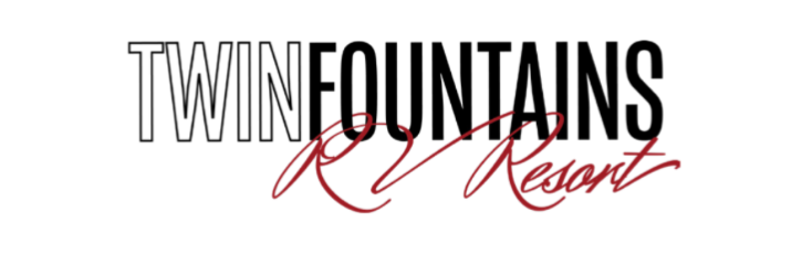 Logo for Twin Fountains RV Resort, with "TWIN" in outlined black letters, "FOUNTAINS" in bold black letters, and "RV Resort" in elegant red script overlapping the text.