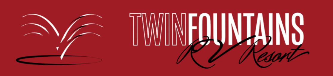 Logo for Twin Fountains RV Resort with a stylized fountain graphic on the left and the resort name in bold and script fonts on a red background.